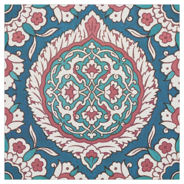 Blue White Red Teal Oriental Azulejo Pattern Fabric (Swatch)
