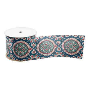 Blue White Red Teal Oriental Azulejo Pattern Satin Ribbon