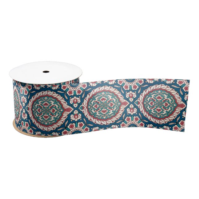 Blue White Red Teal Oriental Azulejo Pattern Satin Ribbon (Spool)