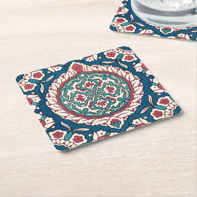 Blue White Red Teal Oriental Azulejo Pattern Square Paper Coaster (Angled)