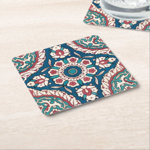 Blue White Red Teal Oriental Azulejo Pattern Square Paper Coaster