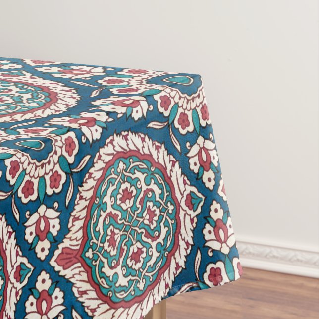 Blue White Red Teal Oriental Azulejo Pattern Tablecloth (In Situ)