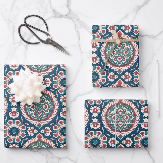 Blue White Red Teal Oriental Azulejo Pattern Wrapping Paper Sheet (Front)
