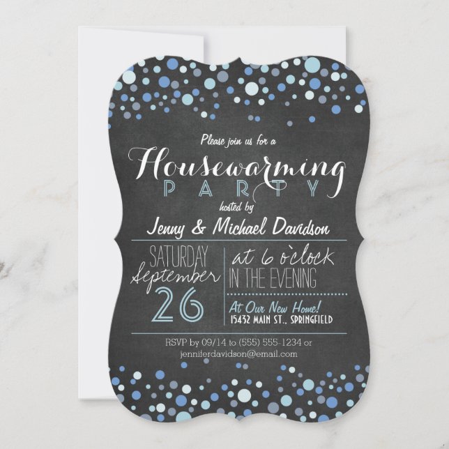 Blue & White Retro Chalkboard Housewarming Party Invitation (Front)