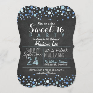 Blue & White Retro Chalkboard Sweet 16 Party Invitation