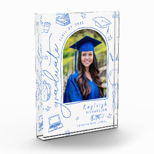 Blue White Retro Hand Drawn Graduation Photo Block