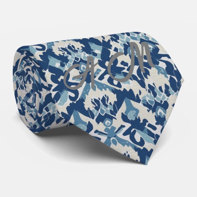 Blue White Retro Ikat Pattern 3 Monogram Initials Tie (Rolled)