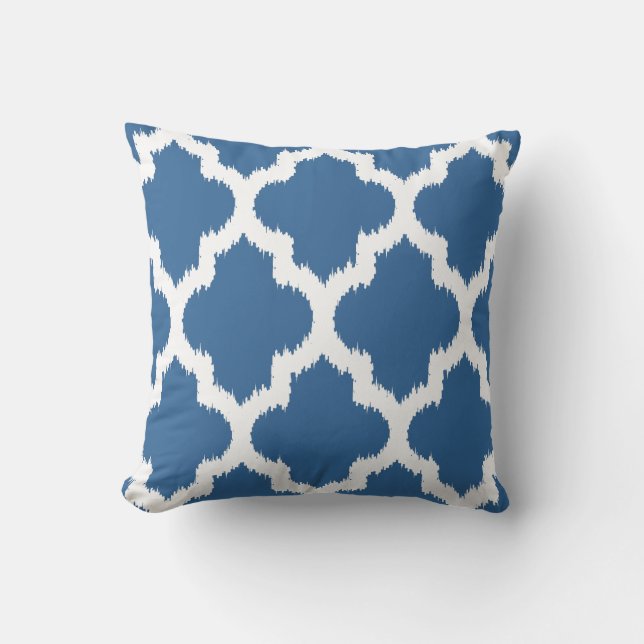 Blue & White Reversible Ikat Quatrefoil Pattern Cushion (Front)