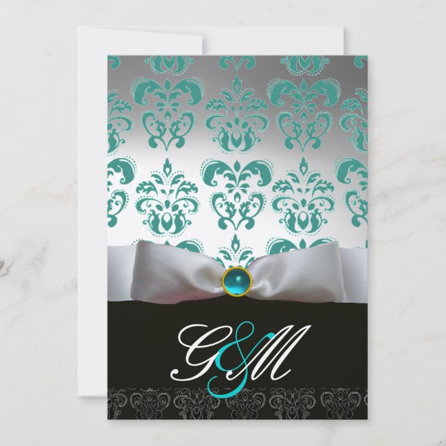 BLUE WHITE RIBBON  BLACK DAMASK MONOGRAM Champagne Invitation (Front)