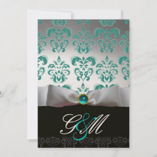 BLUE WHITE RIBBON BLACK DAMASK MONOGRAM Champagne Invitation