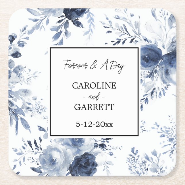 Blue White Romantic Floral Wedding Square Paper Coaster (Front)