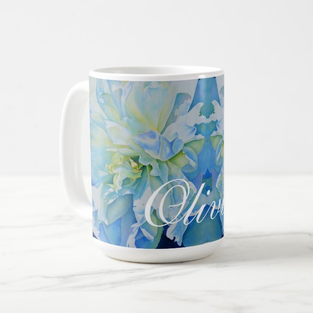 Blue white romantic peony watercolor painting  coffee mug (Front Left)