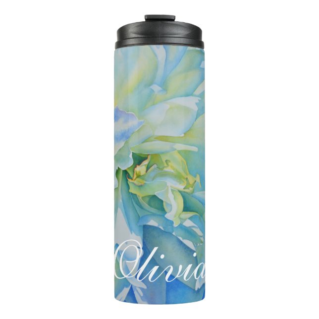 Blue white romantic peony watercolor painting  thermal tumbler (Front)