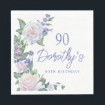 Blue White Rose Floral 90th Birthday Napkin<br><div class="desc">White roses and blue flowers create a beautiful and elegant floral arrangement. The birthday woman's name is written in a large blue script font. 90th Birthday follows. This birthday napkin is part of the 90th Birthday Blue and White Floral collection. It contains many DIY templates that let you quickly create...</div>