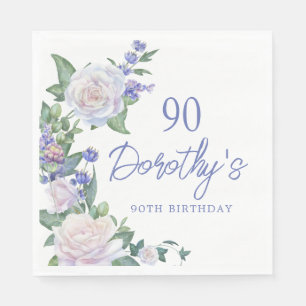 Blue White Rose Floral 90th Birthday Napkin