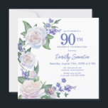 Blue White Rose Floral 90th Birthday Square Invitation<br><div class="desc">Honour a special woman with this elegant and feminine 90th Birthday party invitation. 90th is written in large blue text. Birthday celebration follows. The honoured guest's name is written in a modern script font. The birthday celebration details are surrounded by a chic open wreath that is decorated with white roses...</div>