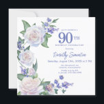 Blue White Rose Floral 90th Birthday Square Invitation<br><div class="desc">Honour a special woman with this elegant and feminine 90th Birthday party invitation. 90th is written in large blue text. Birthday celebration follows. The honoured guest's name is written in a modern script font. The birthday celebration details are surrounded by a chic open wreath that is decorated with white roses...</div>