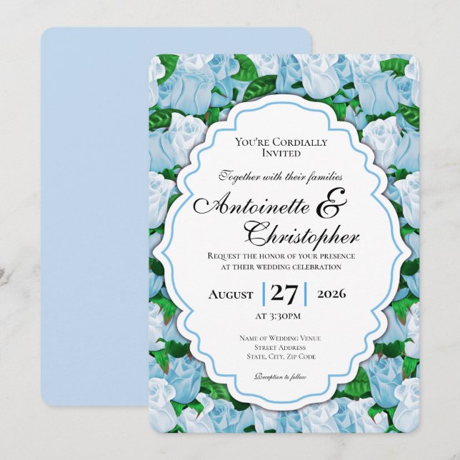 Blue & White Rose Wedding Invite with Blue Border (Front/Back)