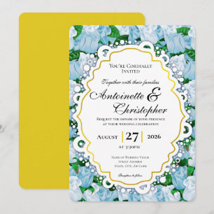 Blue & White Rose Wedding Invite with Gold Border