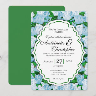Blue & White Rose Wedding Invite with Green Border