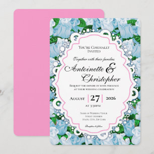 Blue & White Rose Wedding Invite with Pink Border