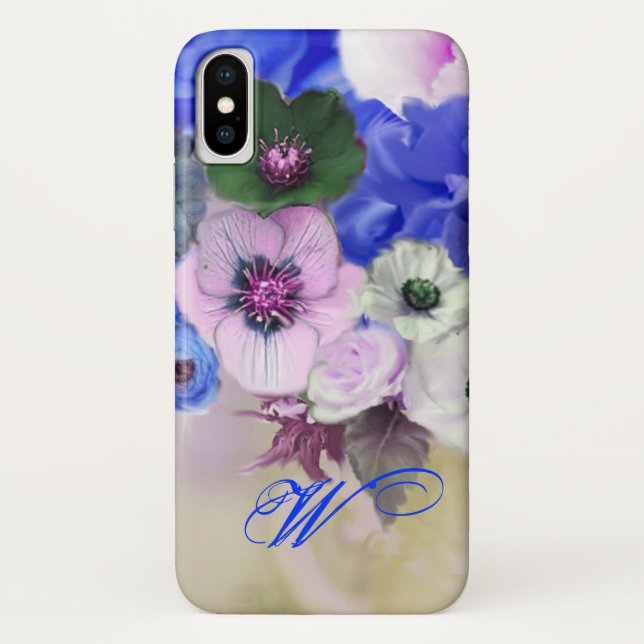 BLUE WHITE ROSES AND ANEMONE FLOWERS MONOGRAM Case-Mate iPhone CASE (Back)