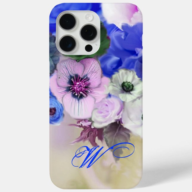 BLUE WHITE ROSES AND ANEMONE FLOWERS MONOGRAM Case-Mate iPhone CASE (Back)