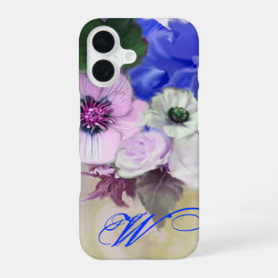BLUE WHITE ROSES AND ANEMONE FLOWERS MONOGRAM iPhone 16 CASE