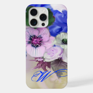 BLUE WHITE ROSES AND ANEMONE FLOWERS MONOGRAM iPhone 15 PRO MAX CASE