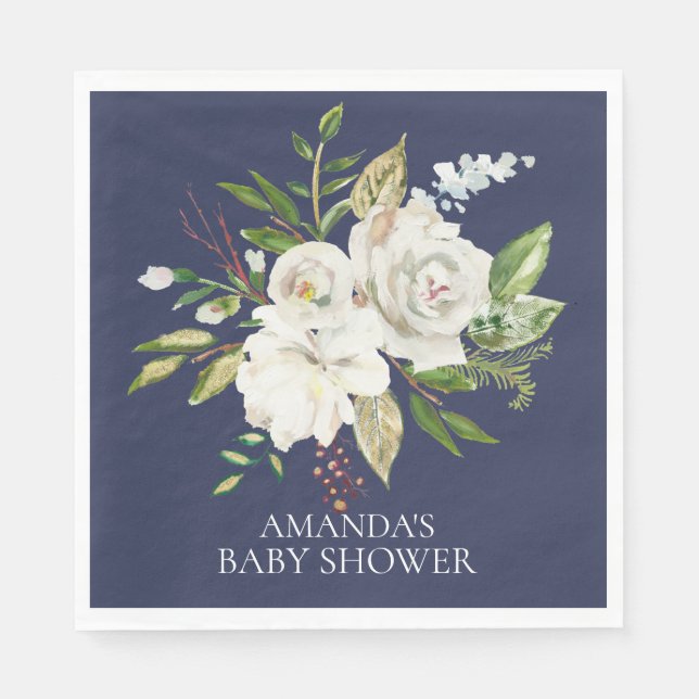 Blue & White Roses Floral Shower Paper Napkins (Front)