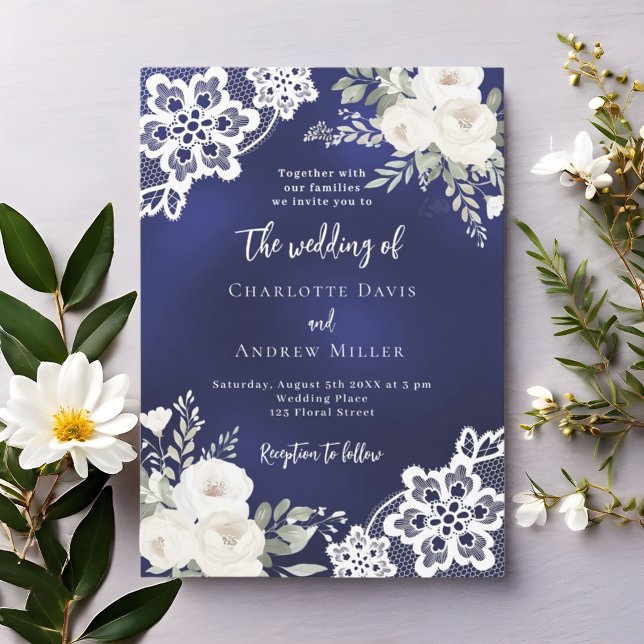 Blue white roses lace wedding invitation (Creator Uploaded)