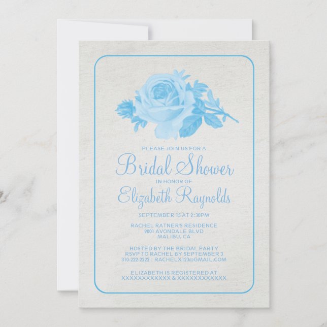 Blue White Rustic Floral Bridal Shower Invitations (Front)
