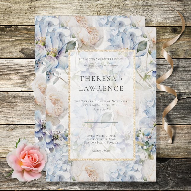 Blue & White Rustic Floral Gold Frame White Invitation (Creator Uploaded)