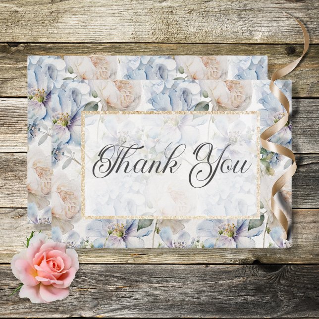 Blue & White Rustic Floral Gold Frame White Thank You Card (Creator Uploaded)