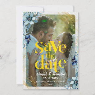 Blue & White Rustic Floral Photo Save the Date