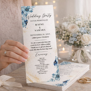 Blue & White Rustic Floral Wedding Party Program Programme