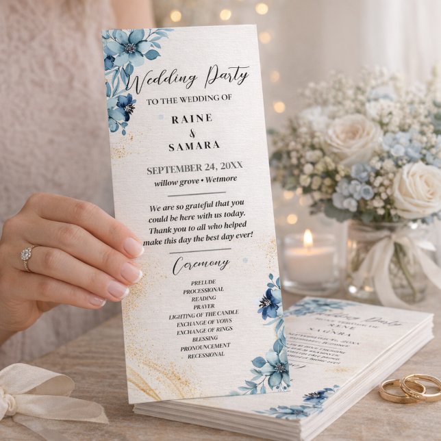 Blue & White Rustic Floral Wedding Party Program Programme (Blue & White Rustic Floral Wedding Party Program)