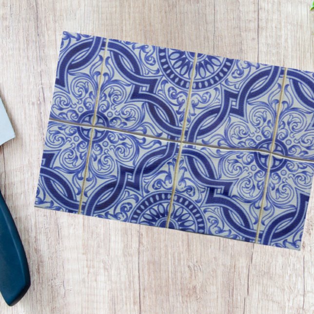 Blue White Rustic Mediterranean Tile Pattern Tea Towel (Add fresh elegance to your kitchen with this blue + white vintage Azulejo pattern tea towel!)