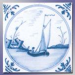 Blue White Sailboat Vintage Delft Art Tile<br><div class="desc">Classic Delft scenic art of a sailboat on a calm lake retouched and reproduced from an actual antique tile. It has a handpainted feel and features blue and white elements in the corners.  Click Customise It to add your name or message.</div>