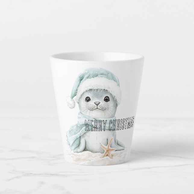 Blue White Santa Hat Scarf Seal Christmas Latte Mug (Front)