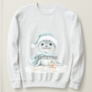 Blue White Santa Hat Scarf Seal Christmas Sweatshirt