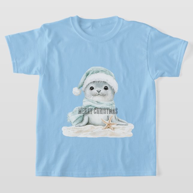 Blue White Santa Hat Scarf Seal Christmas T-Shirt (Laydown)