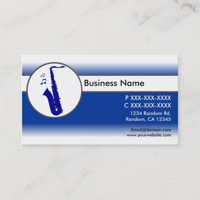 Blue white saxophone custom business cards (Front)