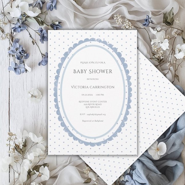 Blue White Scalloped Frame Vintage  Invitation (Creator Uploaded)