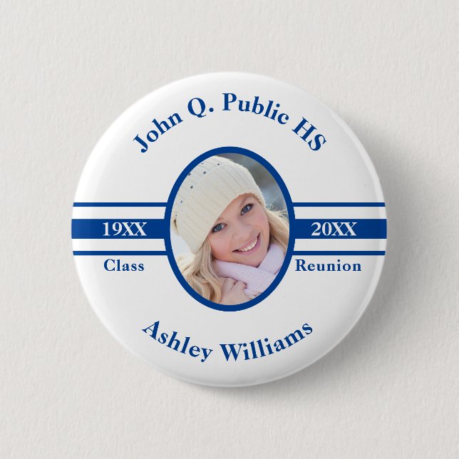 Blue | White School Class Reunion Photo Name 6 Cm Round Badge (Front)