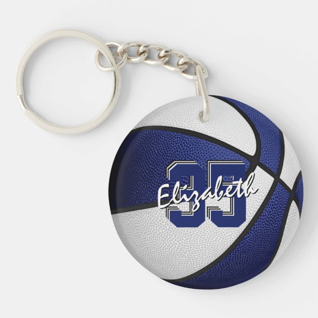 blue white school club team colours basketball key ring (Front)