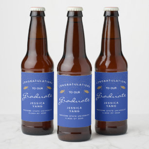 Blue White Script Gold Cap Graduation Beer Bottle Label