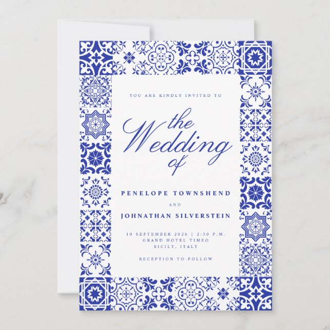 Blue White Script Italian Tiles Wedding Invitation (Front)