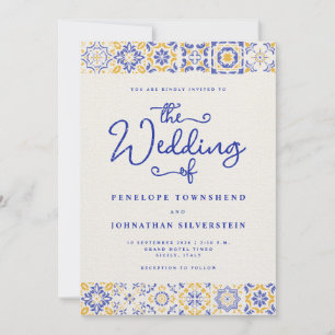 Blue White Script Italian Tiles Wedding Invitation