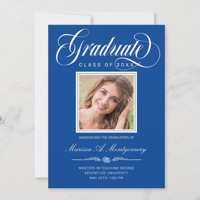 Blue White Script Two Photo College Graduation Announcement (Front)